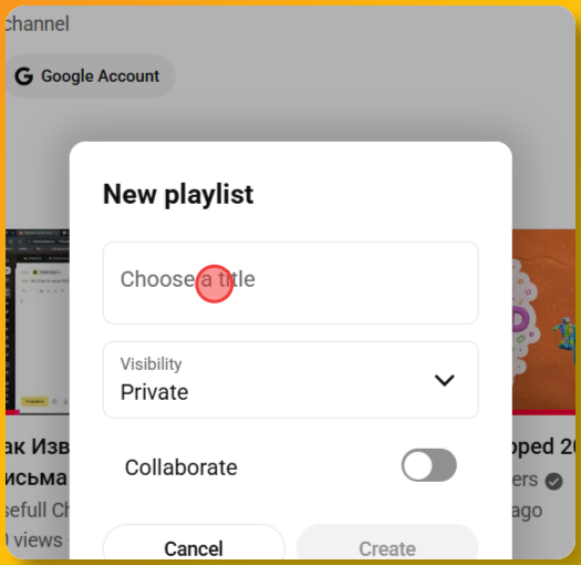 Screenshot showing how to click the Choose a title field to enter your playlist name on YouTube